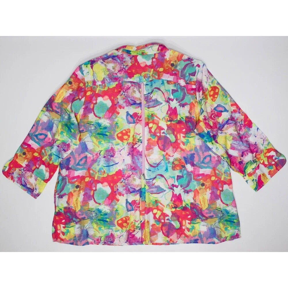 Ali Miles Plus Size 1X Multicolor Abstract Button Blouse Shirt Top Artsy Pockets - Picture 2 of 12